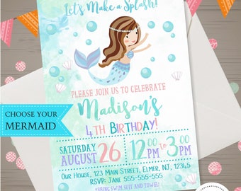 Mermaid Birthday Invitation Watercolor Mermaid Invitation Under the Sea Invitation Splash Bash Invite Mermaid Pool Party Teal Pink Purple