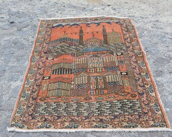 Made in 1970s Vintage Turkish Rug Unique Design Oushak Rug Free Shipping Turkey Area Boho Rug Traditional Designs Turkish Carpet Code 500