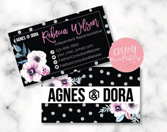 Agnes and Dora Business Cards, Free Personalization, Floral Agnes & Dora Cards, Black/White Business Cards, Representative Cards