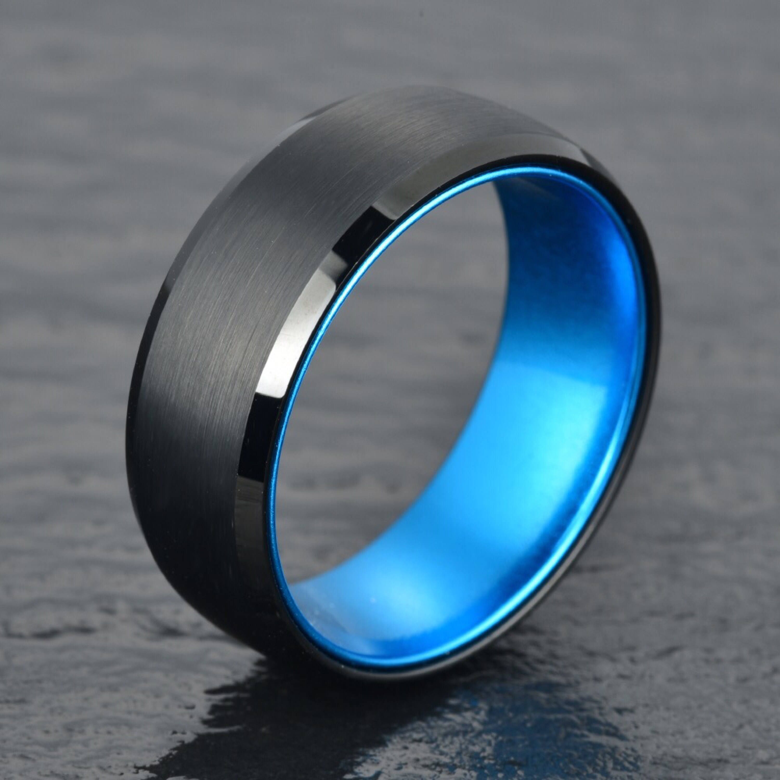 Black Tungsten Ring Blue Anodized Aluminum Interior Mens 8MM