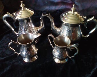 Silver plate engraved tea set coffee pot / tea pot cream & suger pots