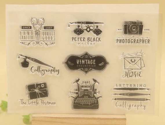 Vintage Handmade Clear Rubber Stamp Set with typewriter