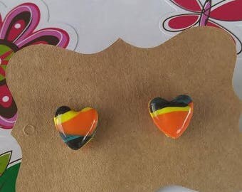 Polymer Clay, Orange/black/yellow, Heart, Stud Earrings, Resin