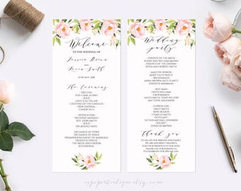 Pink Peony Wedding Program Template Wedding Ceremony Template Wedding Program Printable Editable Wedding Program Template Download #P01