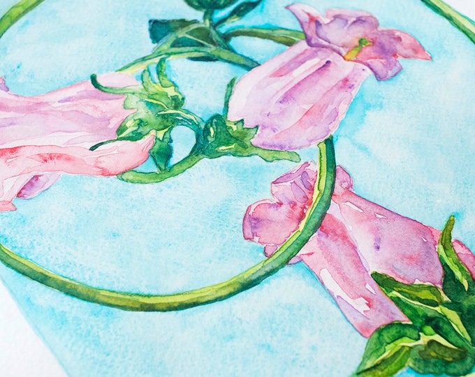 Painting of pink flowers on blue, ORIGINAL watercolor, Pink Blue Painting, Pink Flowers Art, Flower Painting, Pink on blue Floral Art