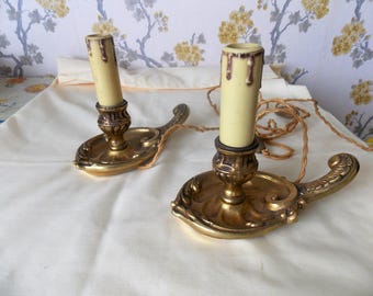 Vintage French gilt metal Candle Stick Lamps
