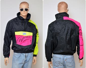 vintage neon RAIN JACKET by CAPRICIO / retro 80s windbreaker / mens size M medium / nylon cagoule / made in Italy