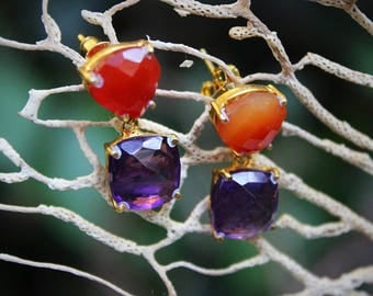 Earrings Naemi adorned with carnelian and Amethyst gold filled