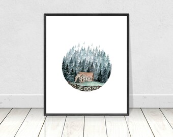 Watercolor Cabin Forest Tree Art Print, Watercolor Art, Poster,Nature Print,Landscape Print,Wall Art,Home Decor,Apartment Wall Art,Gift,Art