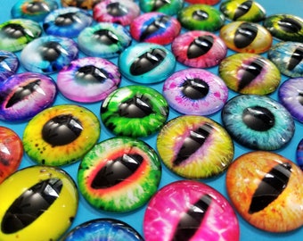 Set of 20, Printed Cabochons, Dragon Eyes, 25mm, Glass Cabochons, Half Round, Dome Glass, Photo Jewelry, Pendant Making, Colorful Eyes, #42A