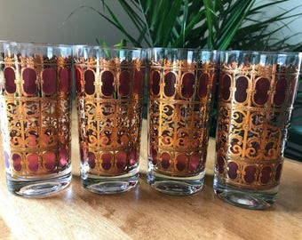 RARE Mid Century Culver Glassware, Cranberry Scroll Highball Glasses set of 4 | 22k Gold