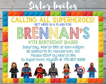 Superhero Lego Birthday Invitation, Superhero Invitation, Lego Invitation, Superheroes lego birthday party