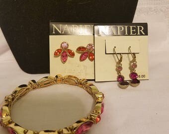 Vintage Napier signed gold tone and pink rhinestone bracelet & earrings