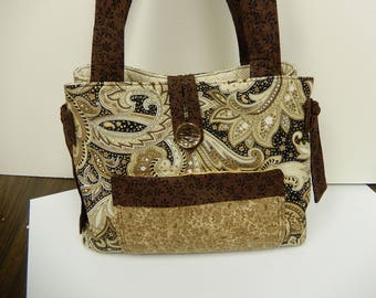 Fabric Purse Shoulder Handbag, Button and Magnetic Closure, Lots of Pockets, Side Bows, Everyday Bag, Cotton Fabric Purse