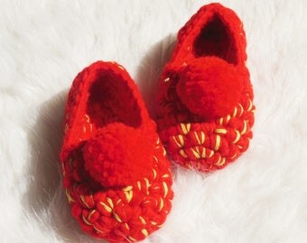 Red crochet Girls' slippers | Toddlers Crochet shoes | Childs house slippers with POM POMS | Birthday GIFT | Non slip slippers