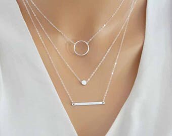 necklace silver layered delicate dainty