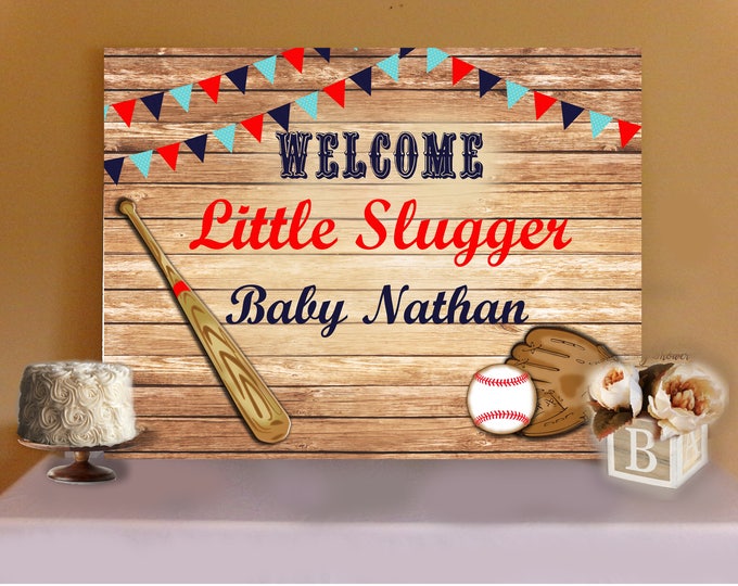 BASEBALL BABY SHOWER- Little Slugger Baby Shower Cake, Sweets or Buffet Table Backdrop, Baseball Banner