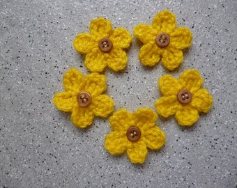 Lots de 5 Fleurs au crochet réalisées à la main en laine couleur jaune
