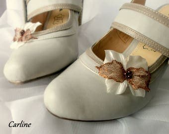 Nolween - Ivory Brown Satin flower shoe Clips