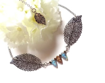 Steel and Czech glass, prints, leaves, silver necklace / blue / copper line jaseron 46.5 42.5 cm