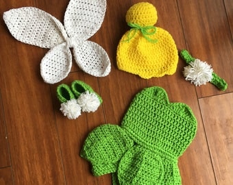 crochet Tinkerbell outfit, Tinkerbell costume, Tink outfit, Tinkerbell hat, Tinkerbell Booties, Tinkerbell dress, halloween costume