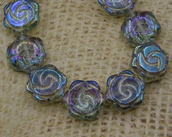 5 flower glass beads blue iridescent colors pink 15mm