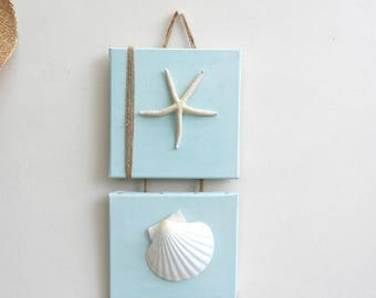 Seaside painting duo: starfish, shells and linen thread