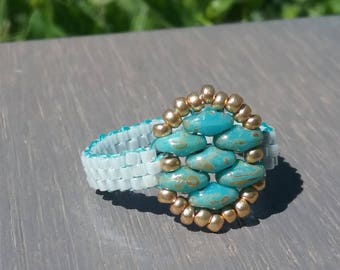 Minimalist white and turquoise glass bead ring