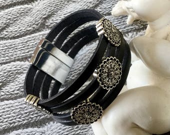 Black leather with four passes ethnic leather bracelet
