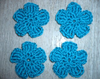 four crochet flowers, teal, sewing or craft