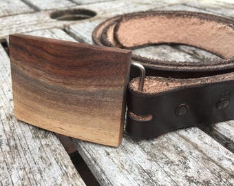 Wood belt buckle with leather belt