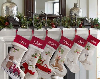 Personalized Christmas Stocking,Handmade Christmas Stocking for Family,Burlap Christmas Stocking with 12 Designs,Christmas Tree Decoration.