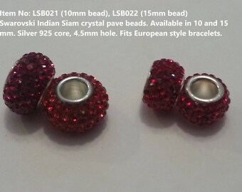 2 Silver 925 - Swarovski Red Crystal Pave Beads 14mm & 10mm. Fits Pandora. Several shades available