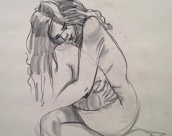 Figure study 5.5. Original Fine art Charcoal drawing for home decoration. Gesture sketch of female figure.