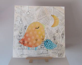 Carton toilé - Cardboard canvas - "Son and mother" - oiseaux - bird