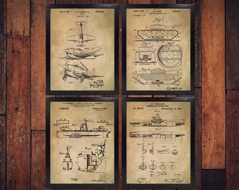 Antique Military War Patents Set of 4 / Army / Military Tank / Air Force / Navy Ship / Marine Decor (DOWNLOAD)