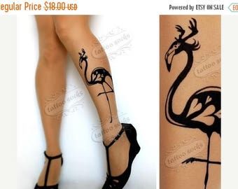 SALE///endsAug22/// xs-s-m FLAMINGO with horns TATTOO gorgeous thigh-high stockings Light Mocha
