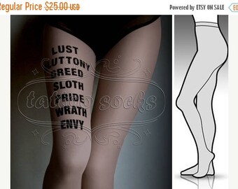 SALE///endsAug22/// Large/Extra Large 7 Deadly Sins GREY attoo tights / stockings / full length / pantyhose / nylons