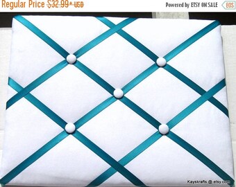 Christmas In July 30% Off Turquoise Ribbon and White Memory Board French Memo Board, Fabric Ribbon Bulletin Board, Fabric Pin Board, Fabric