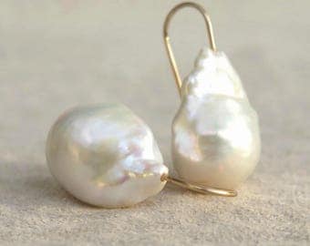 Baroque Pearl Earrings Large GENUINE Freshwater Teardrop Drop White South Sea Look St in Gold Fill, Solid Gold or Sterling Silver
