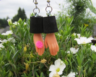 Upcycled Barbie Hand Bottle Cap Earrings- big pink ring
