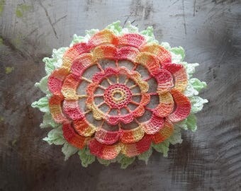 Crocheted Flower Stone, Lace, Unique Handmade Original Pattern, Yellow, Peach, Green, Home Decor, Collectible, Monicaj