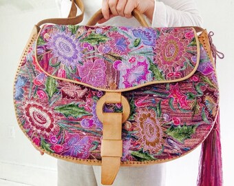 Leather Overnight Bag Handbag w/ Vintage Zinacantan Textile. Adjustable Strap. Chiapas, Mexico. Most Gorgeous!!!