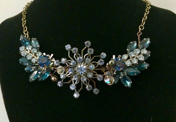 Vintage Blue Rhinestone Brooch & Pearls Statement Necklace