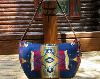 Hobo Bag Purse Shoulder Bag Handbag Brown Leather Southwest Blanket Wool from Pendleton Oregon