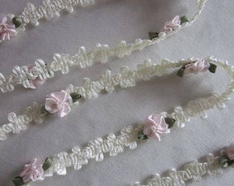 Cream Ivory Rococo Ribbon Trim w Blush Pink Rose Bud Flower Baby Scrapbook Quilt