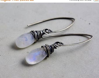 Moonstone Drop Earrings, Wire Wrapped Rainbow Moonstone, Sterling Silver Earrings