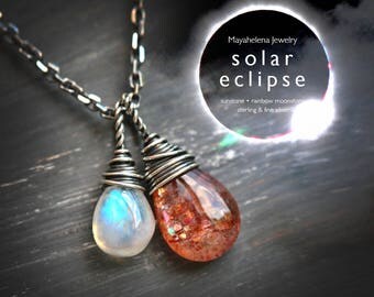 Solar Eclipse 2017 - Moonstone and Sunstone Wire Wrapped Sterling Silver Necklace