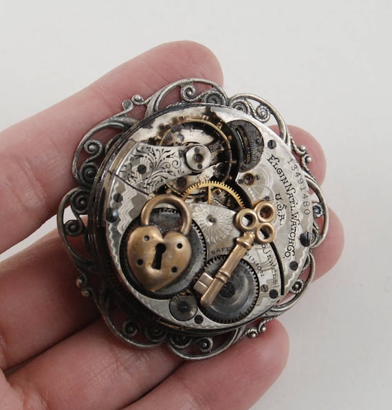 Steampunk Pocketwatch Pendant - Antique 1980's Elgin Watch Movement w/ Guilloche Etchings, - Neo Victorian Filigree, Brass Key, Heart Lock by dminortheory steampunk buy now online