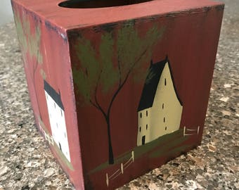 Red Tissue Box Cover with Saltbox and Colonials